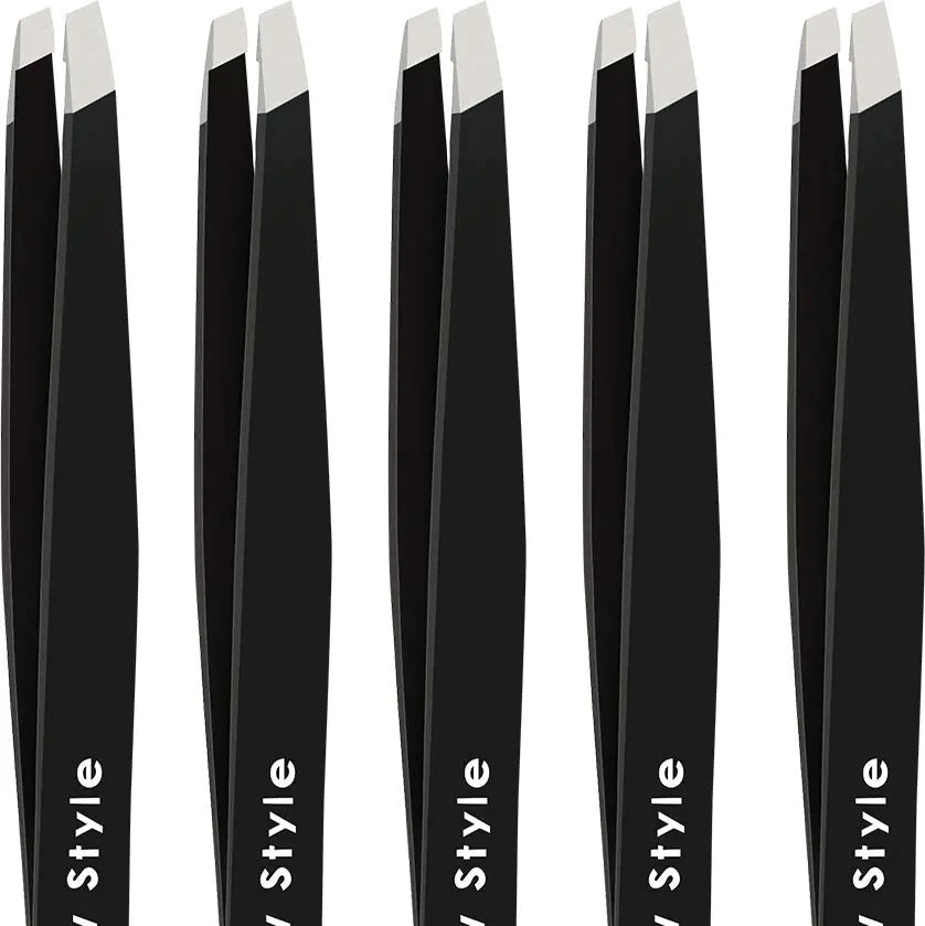 Slant Tweezers 5-Pack – Professional Stainless Steel Eyebrow & Facial Hair Tweezer Set with Precision Tips