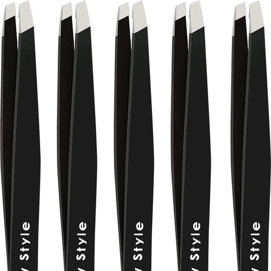 Slant Tweezers 5-Pack – Professional Stainless Steel Eyebrow & Facial Hair Tweezer Set with Precision Tips