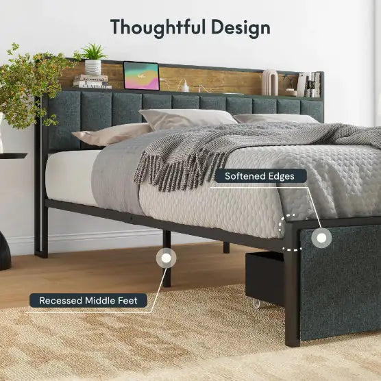 Queen Bed Frame with Charging Station & LED Lights – Upholstered Headboard with Storage Shelf, Heavy-Duty Metal Slats, No Box Spring Required