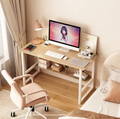 Wooden Computer Desk with Storage Rack, Home Office Desk, Laptop Desk with Bookshelf, Modern Metal Frame, Light Oak Finish