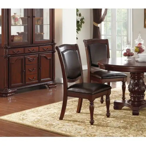 Gorgeous Set of 2 Side Chairs - Brown Rubberwood Faux Leather Upholstered Dining Chairs for Formal Dining Room