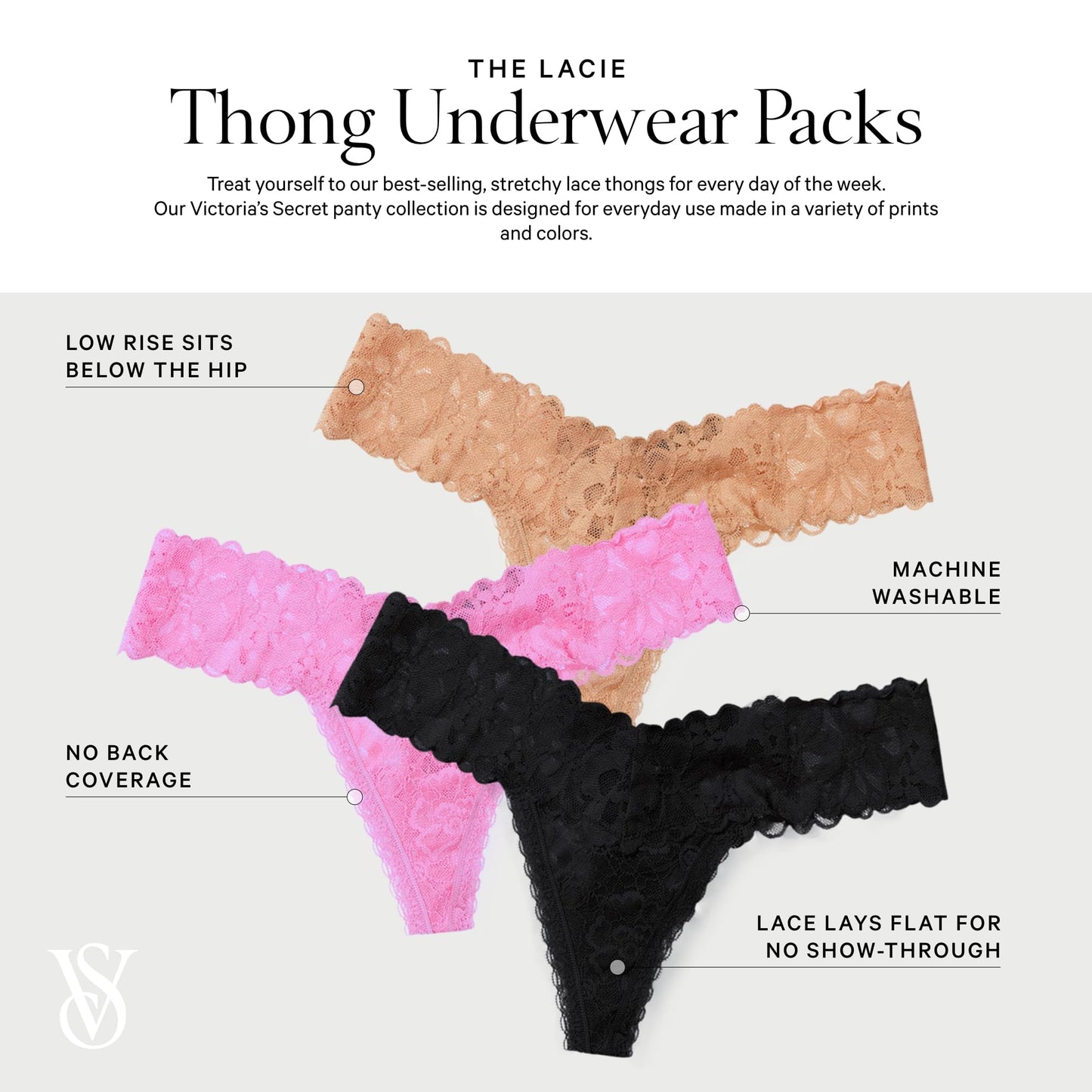 Victoria's Secret Women's Lace Thong Underwear, Panties for Women, Multi Pack, Solids & Kiss Mix, MED