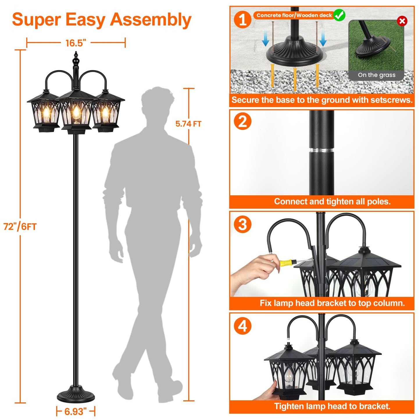 TOWPONICS 6FT Aluminum Solar Lamp Post Light Outdoor Waterproof, 3-Head Solar Powered Lamp Post, 90Lm 3 Edison Bulbs Included, Dusk to Dawn Outdoor Lamp for Patio, Yard, Garden, Driveway