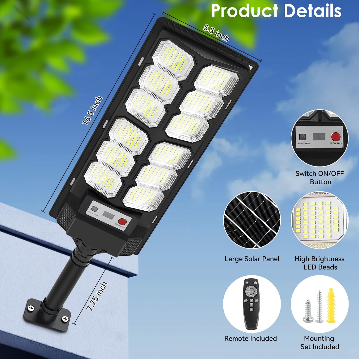 4-Pack Solar Street Lights Outdoor, 13000LM 6500K Waterproof LED Solar Flood Lights with Motion Sensor, Dusk to Dawn Solar-Powered Light for Outside, Security Lights for Parking Lot Yard Driveway