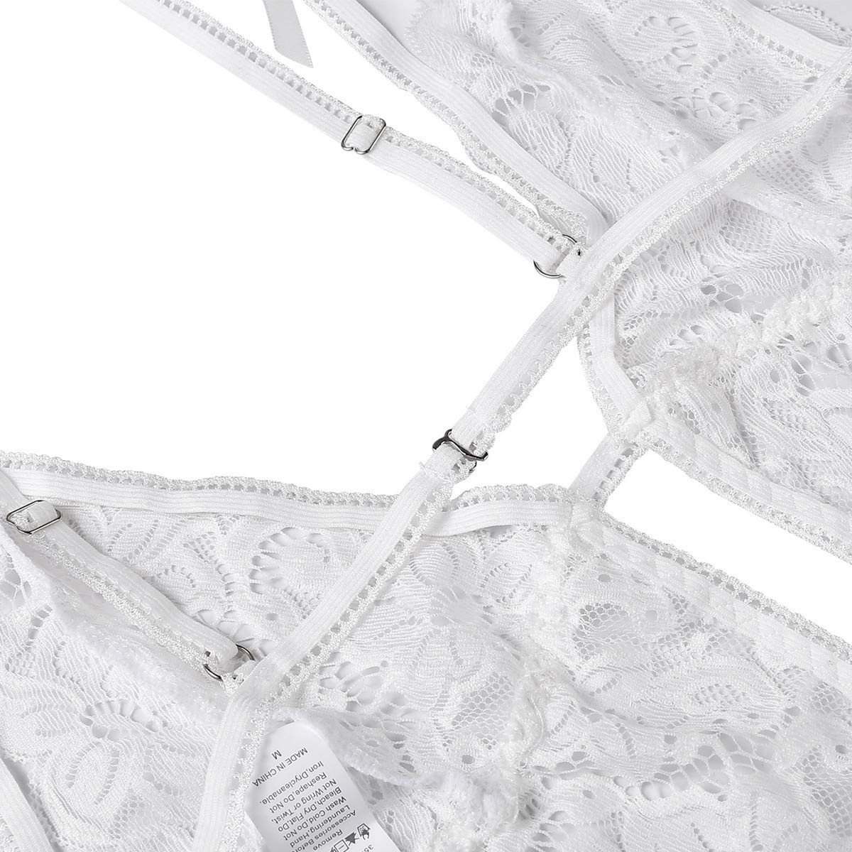 Donnalla Lingerie for Women Deep V Lace Teddy One Piece Lingerie Bodysuit Babydoll Teddy Underwear White Small