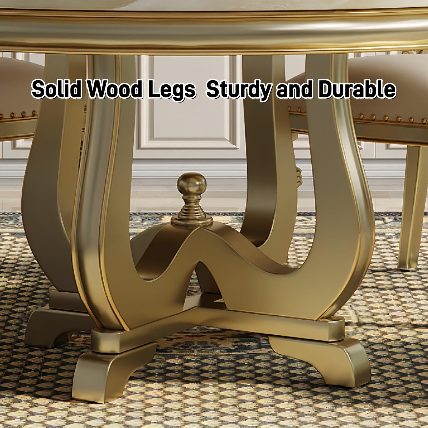 Edeyeu 51" Dining Table Set - Marble Style Solid Wood Kitchen Table and Chairs with Rotating Tray, Luxury Dining Room Set for 4 or 6, Easy Assembly Dining Furniture for Home & Family Use Four-Seater