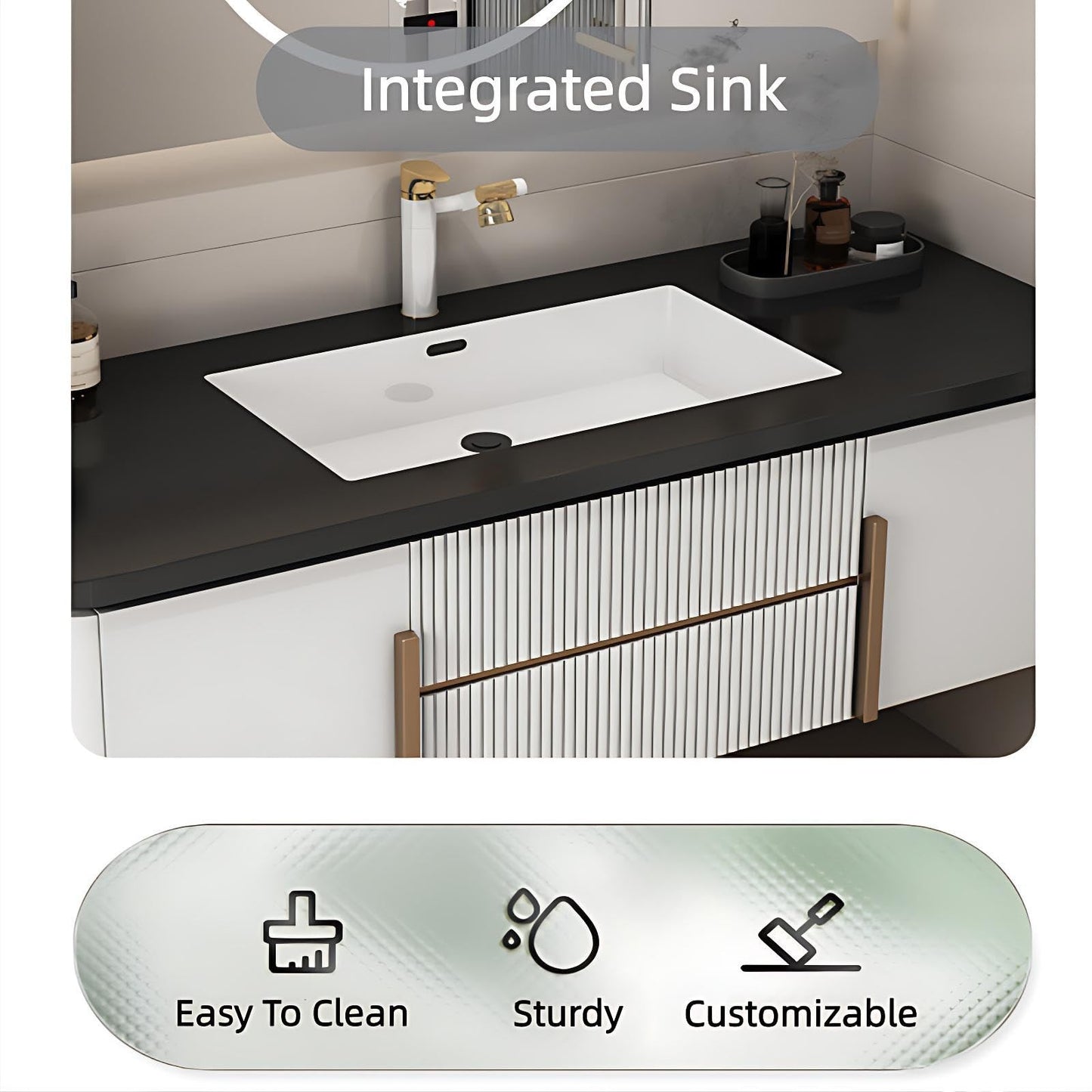 Elegant Bathroom Vanity Set, Double Basins, LED Fog Mirror, Patterned Wooden Cabinet with Rock Slab Countertop and Easy Installation,Bathroom Vanities (B Mirror Style, 64'')