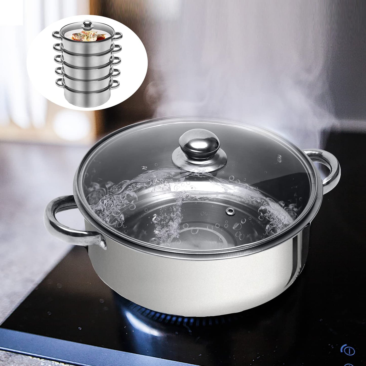 DUTTIETY Steamer Pot Food-Grade Polished Stainless Steel Dumpling Steamer Cooker Multi-functional 5-layer Fast Heating 26cm/28cm/30cm (26cm)