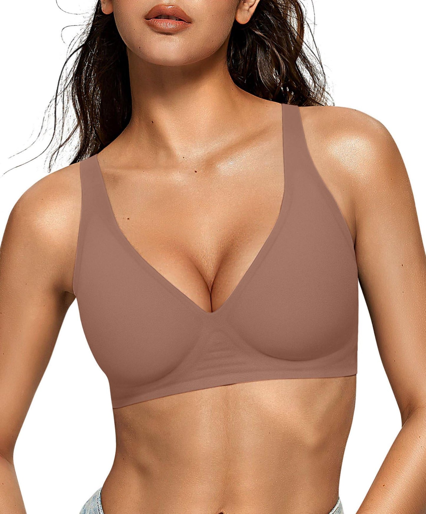 OEAK Womens Deep V Bras Wireless Comfortable Bra Supportive No Underwire Bras Tshirt Push Up Bralettes Plunge Seamless Bra Coffee XXL
