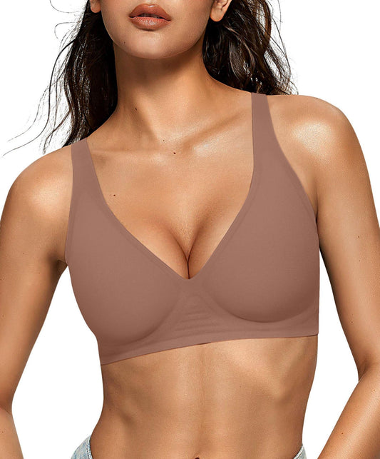 OEAK Womens Deep V Bras Wireless Comfortable Bra Supportive No Underwire Bras Tshirt Push Up Bralettes Plunge Seamless Bra Coffee XXL