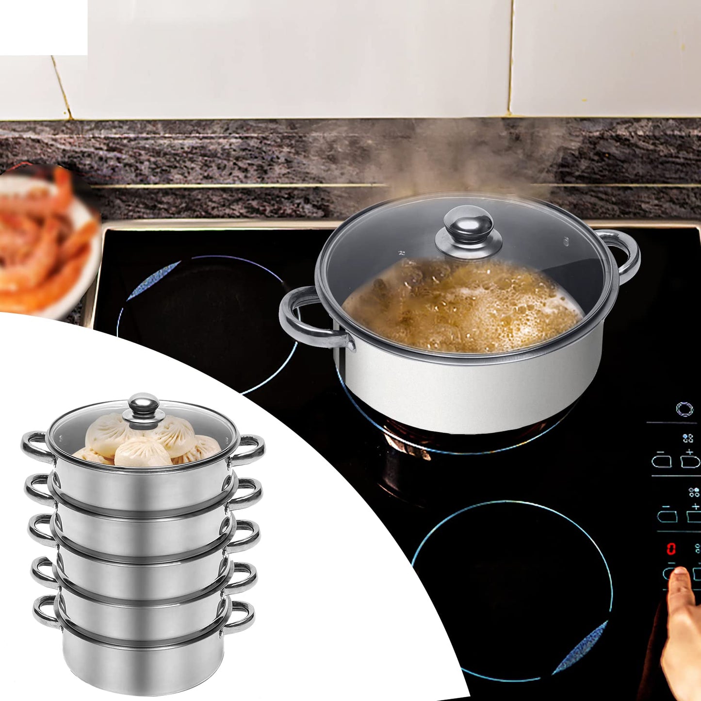 DUTTIETY Steamer Pot Food-Grade Polished Stainless Steel Dumpling Steamer Cooker Multi-functional 5-layer Fast Heating 26cm/28cm/30cm (26cm)