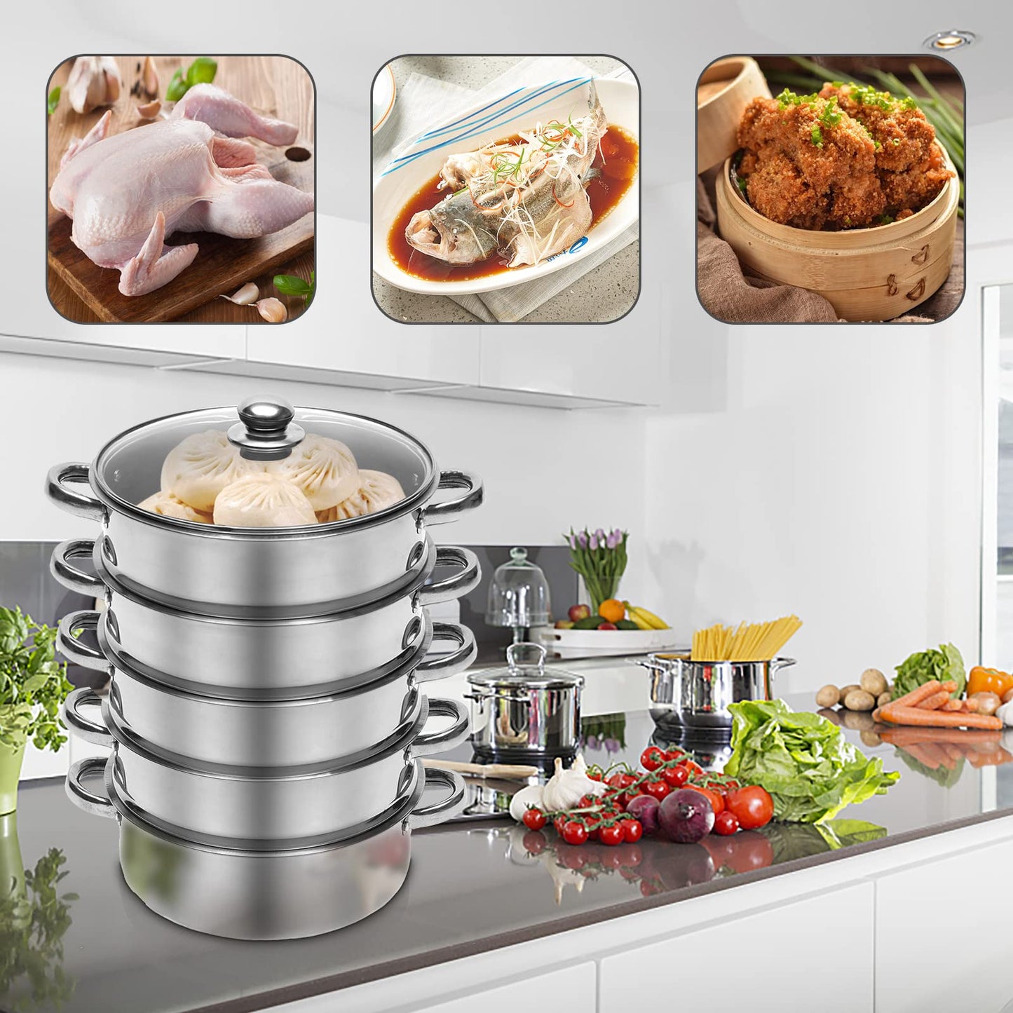 DUTTIETY Steamer Pot Food-Grade Polished Stainless Steel Dumpling Steamer Cooker Multi-functional 5-layer Fast Heating 26cm/28cm/30cm (26cm)