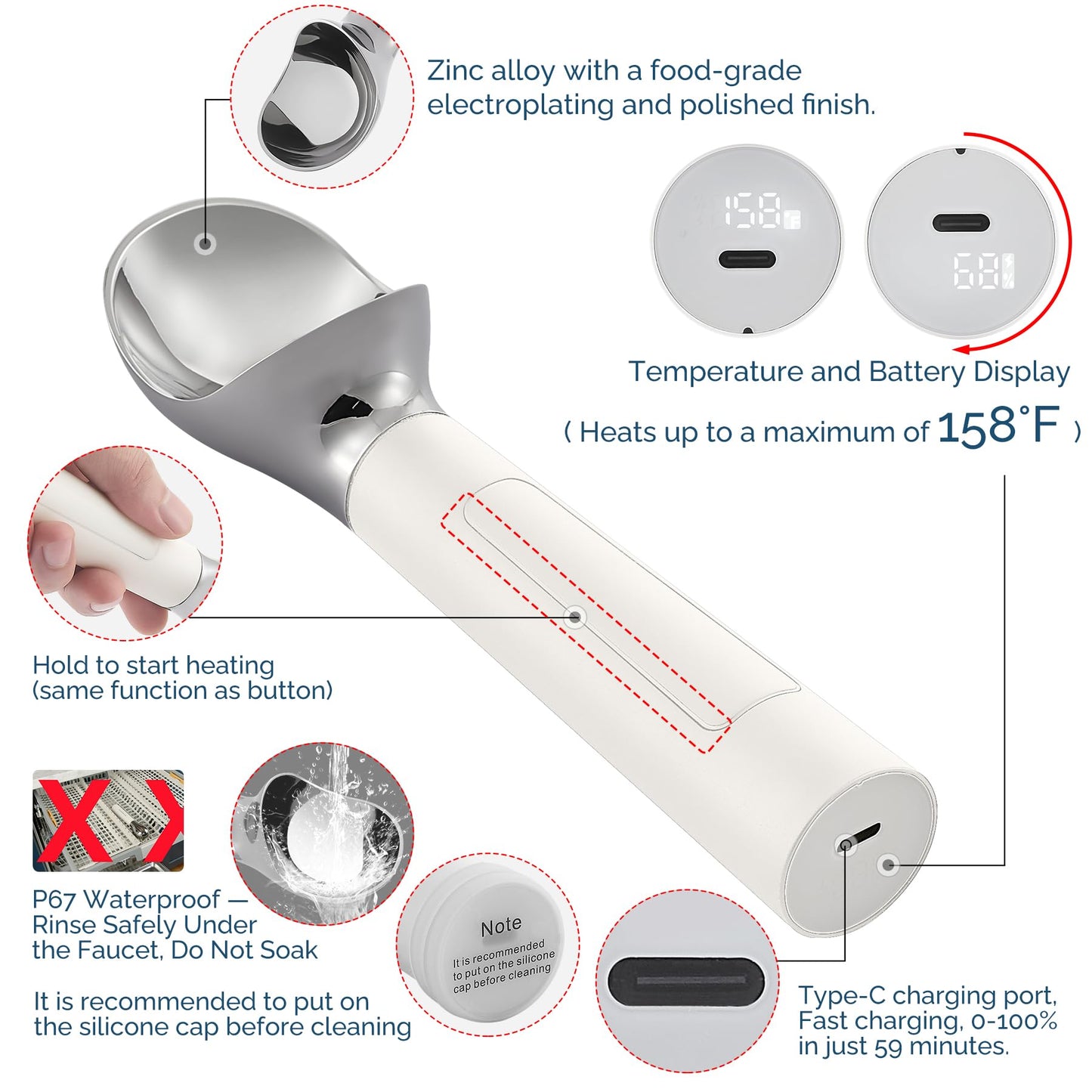 Heated Ice Cream Scoop Rechargeable, Electric Warming Ice Cream Scooper with LED Display, Heats to 158°F for Hard Ice Cream, Easy for Seniors & Kids, IP67 Waterproof (White, 2 oz)