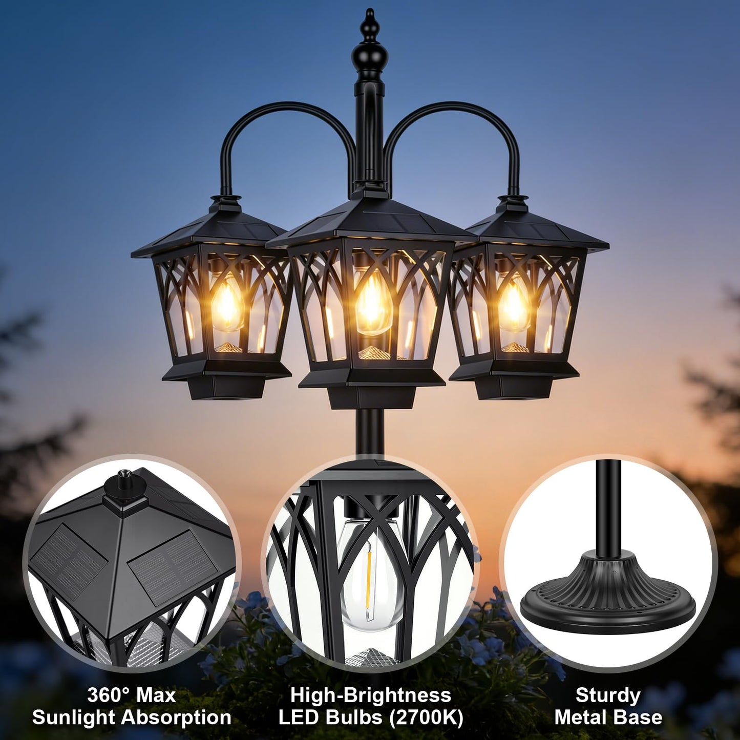 TOWPONICS 6FT Aluminum Solar Lamp Post Light Outdoor Waterproof, 3-Head Solar Powered Lamp Post, 90Lm 3 Edison Bulbs Included, Dusk to Dawn Outdoor Lamp for Patio, Yard, Garden, Driveway