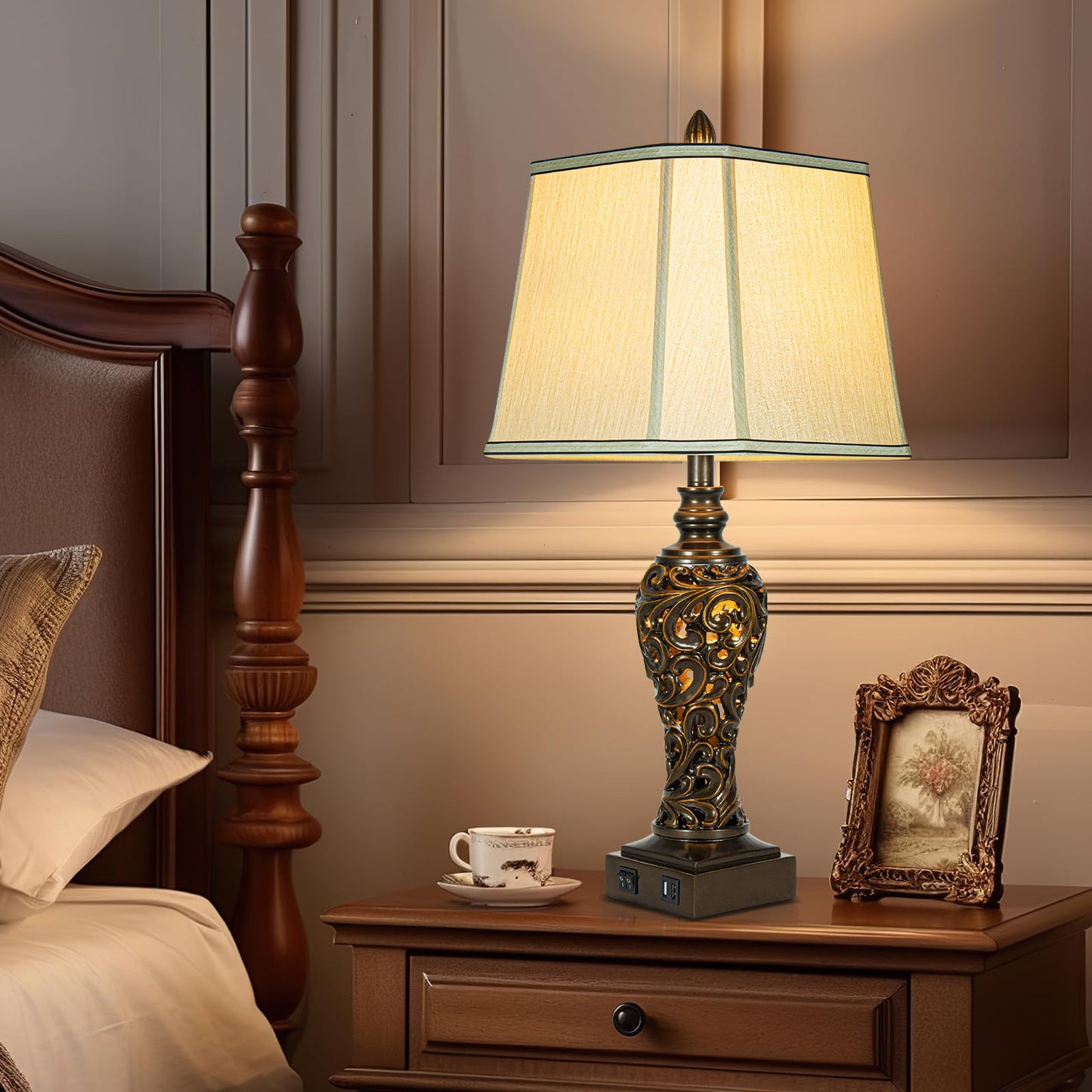 28.5" high Vintage Brown Table Lamps Set of 2 - Bedside Lamp with Faux Silk Shades - for Bedroom and Living Room with USB and Nightlight - Perfect for Nightstands and Bedrooms (Bulb Included)