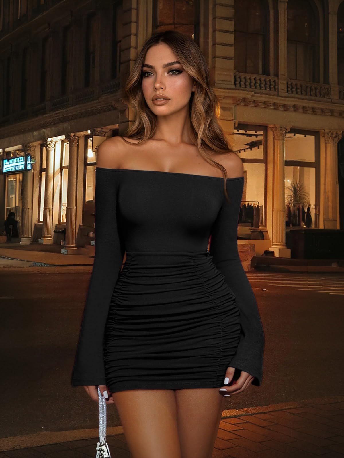 FAIRY SEASON Cocktail Dresses for Women Sexy Off Shoulder Elegant Mini Long Sleeve Bodycon Ruched Party Club Dress Black