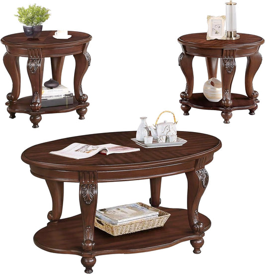 LKTART Wood Coffee Table Set with Storage Shelf Oval Coffee Tables and Round Side Table for Living Room Farmhouse, Antique Elegant Carved Legs, Easy Assembly, Cherry