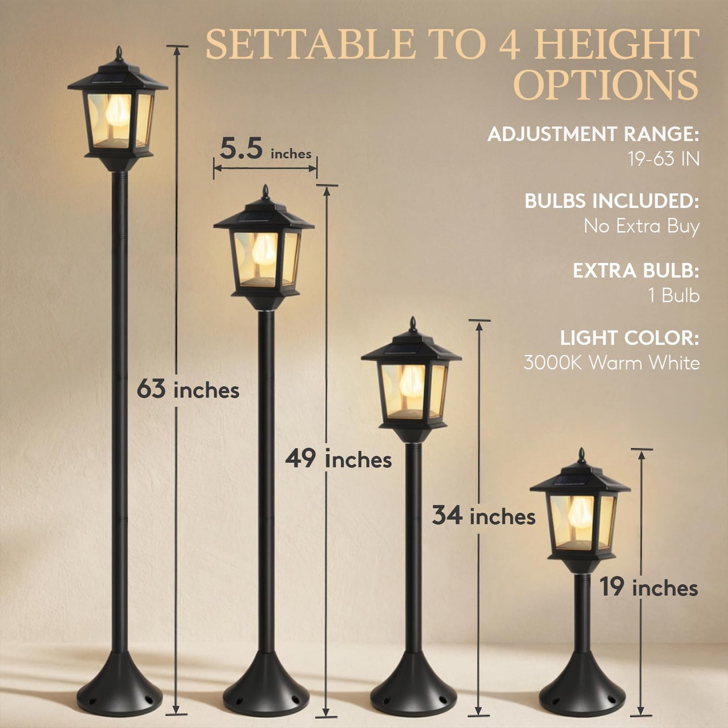 PASAMIC Solar Post Lights Outdoor, 2-Pack 63" Solar Lamp Posts Waterproof with 1 Replaceable Bulb, Warm White Dusk to Dawn Pole Lights for Garden, Patio, Pathway