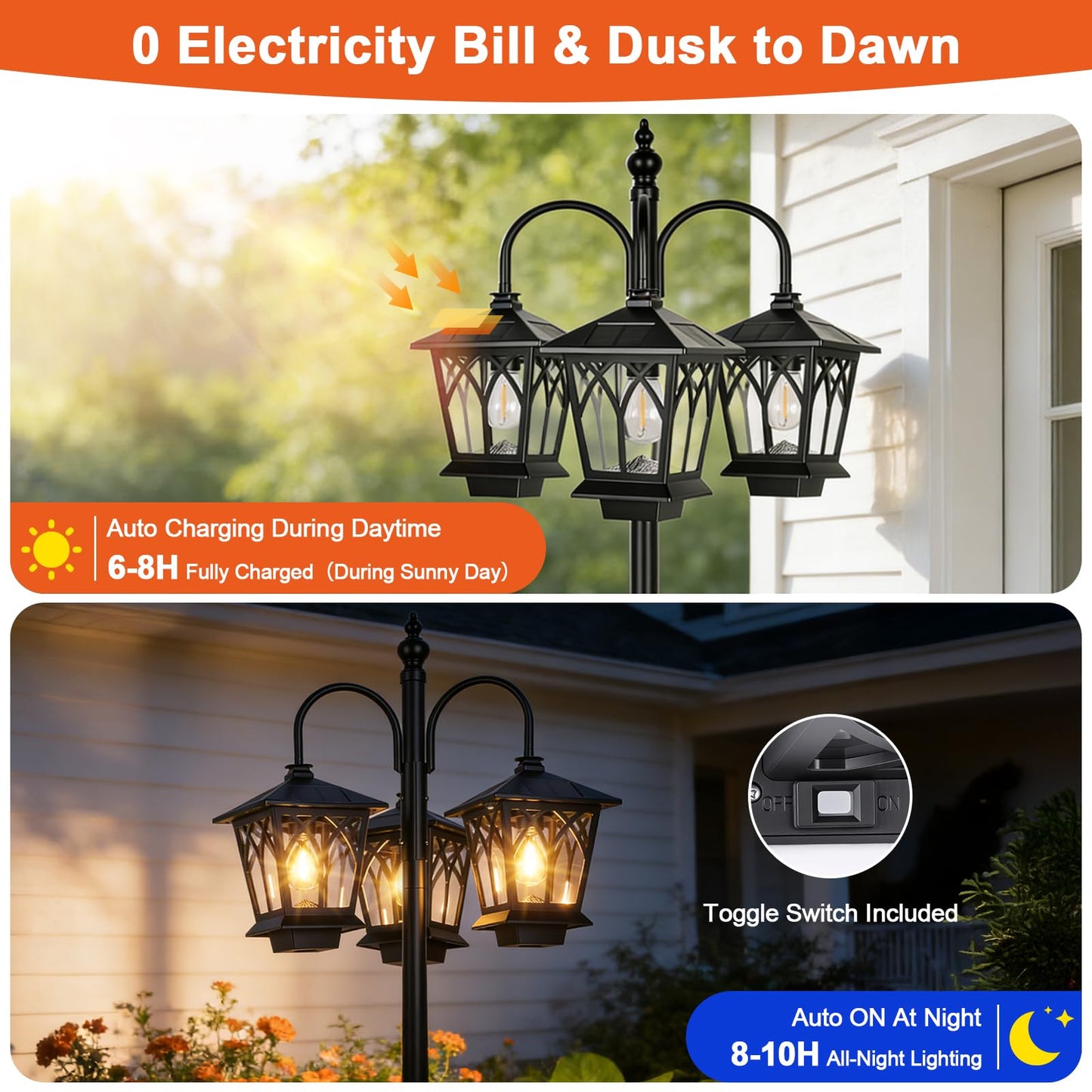 TOWPONICS 6FT Aluminum Solar Lamp Post Light Outdoor Waterproof, 3-Head Solar Powered Lamp Post, 90Lm 3 Edison Bulbs Included, Dusk to Dawn Outdoor Lamp for Patio, Yard, Garden, Driveway