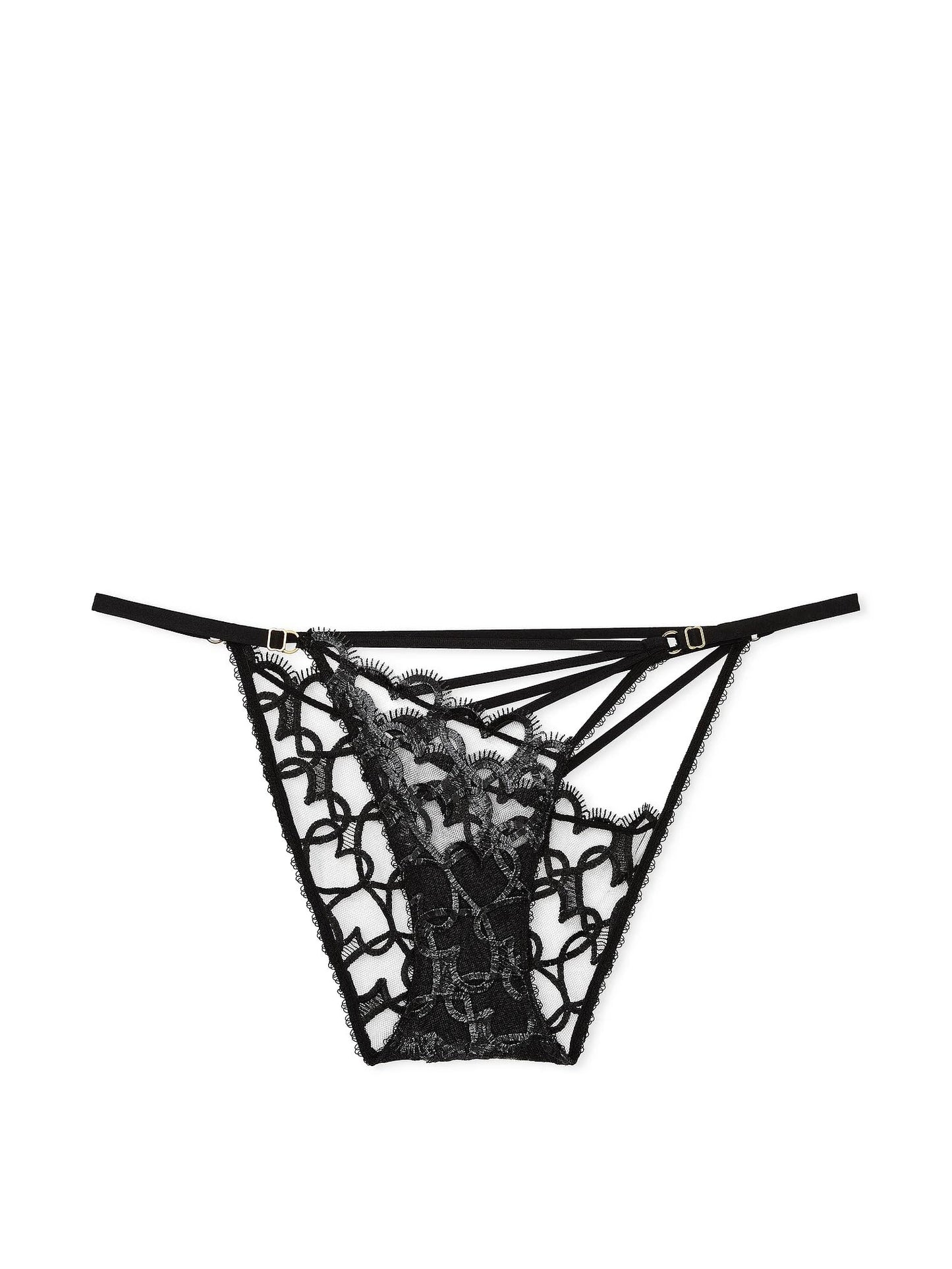 Victoria's Secret Shimmer Heart Embroidery Adjustable String Bikini Panty Color Black New (US, Alpha, Small, Regular, Regular, Black)