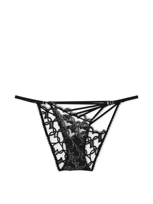 Victoria's Secret Shimmer Heart Embroidery Adjustable String Bikini Panty Color Black New (US, Alpha, Small, Regular, Regular, Black)