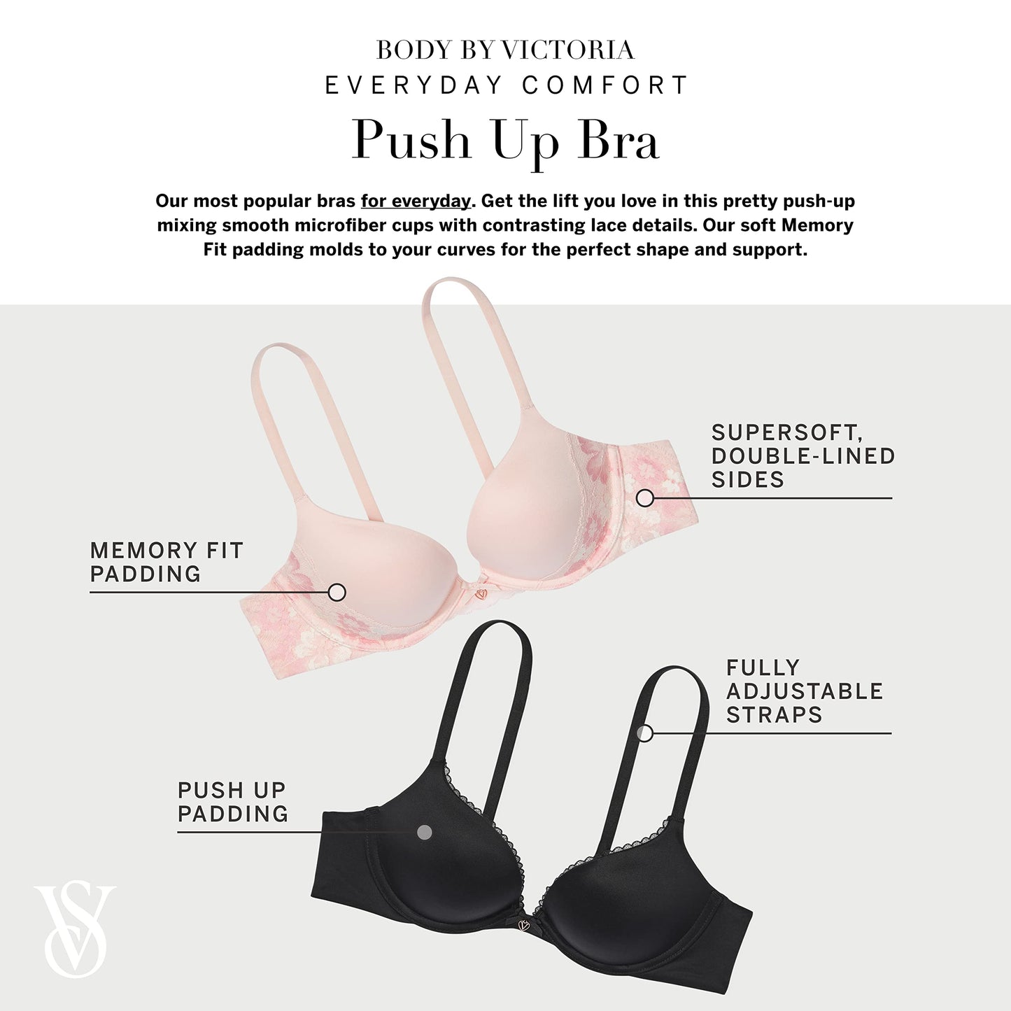 Victoria's Secret Body by Victoria Push Up Bra, Bras for Women, Black Smooth, 36C