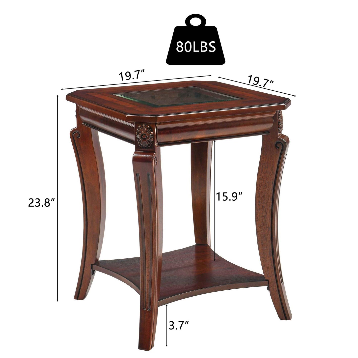 Living Room Tables Set of 3- One Coffee Table and Two End Table with Tempered Glass Top, Mid-Century Sofa Beside Table and Center Table with Carved Legs, Easy Assembly Cherry Brown KFZ-CJZ-A1168-GT