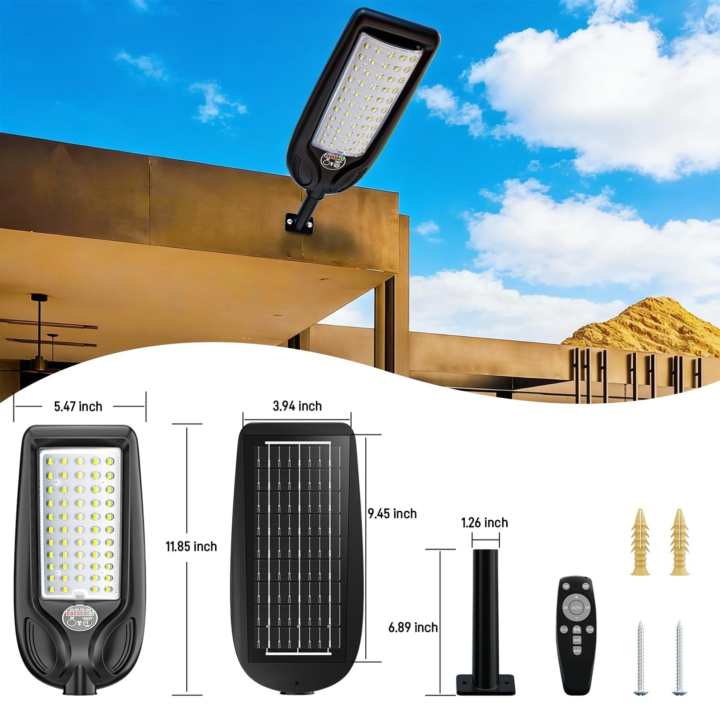 Solar Street Lights Outdoor with Remote Control, Motion Sensor Solar Lamp, 6500K Dusk to Dawn Powered Flood Light,Waterproof Security Light for Outside Garden, Yard, Parking Lot