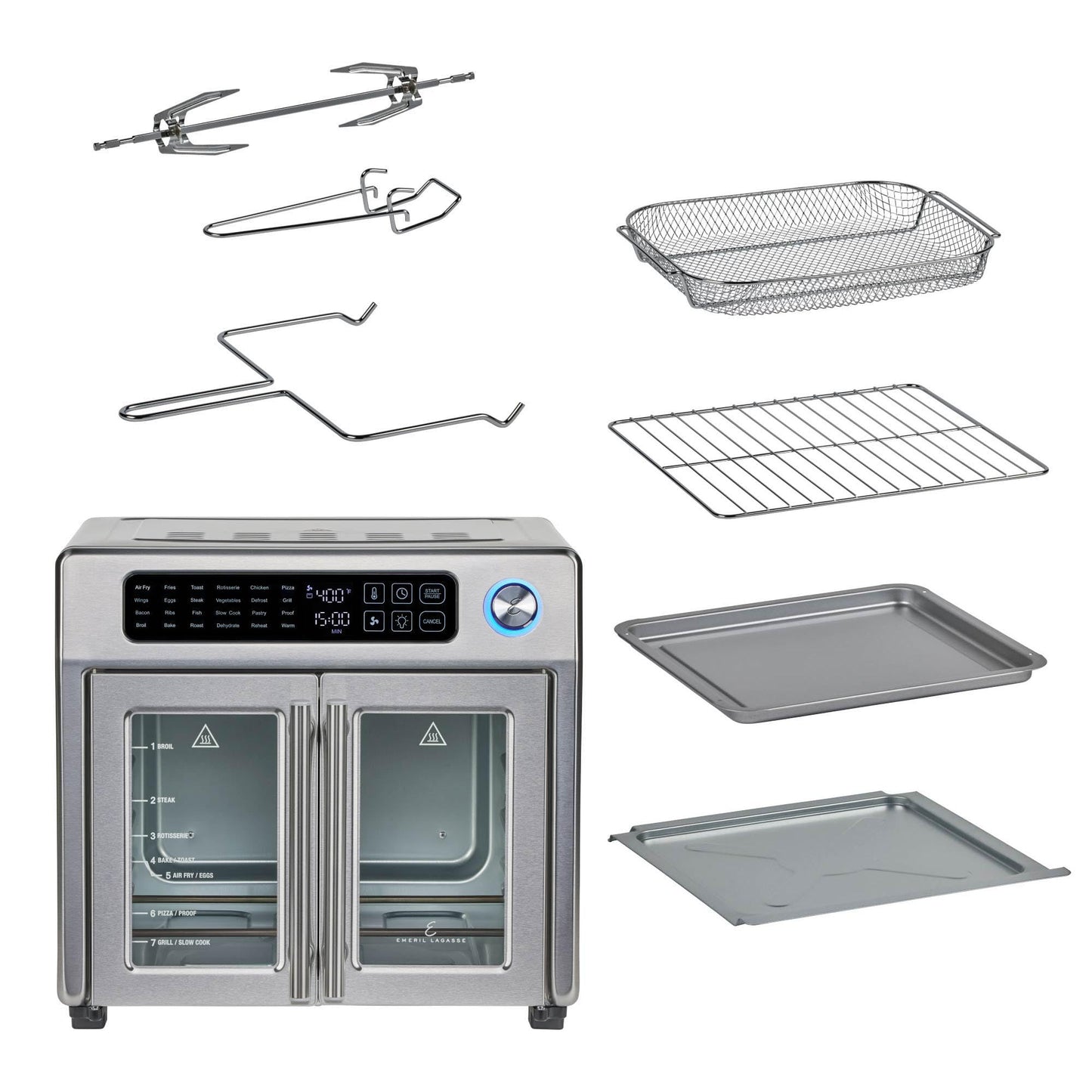 Emeril Lagasse Extra Large French Door Air Fryer Toaster Oven Combo, 24 Cooking Functions and Digital Controls, 7 Accessories Included, Stainless Steel Finish, 26QT Capacity