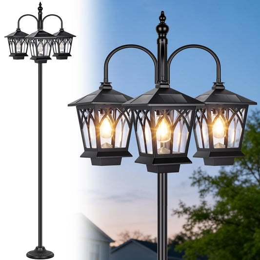 TOWPONICS 6FT Aluminum Solar Lamp Post Light Outdoor Waterproof, 3-Head Solar Powered Lamp Post, 90Lm 3 Edison Bulbs Included, Dusk to Dawn Outdoor Lamp for Patio, Yard, Garden, Driveway
