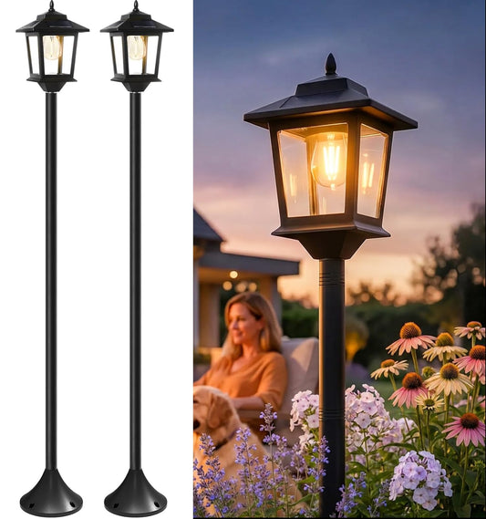 PASAMIC Solar Post Lights Outdoor, 2-Pack 63" Solar Lamp Posts Waterproof with 1 Replaceable Bulb, Warm White Dusk to Dawn Pole Lights for Garden, Patio, Pathway