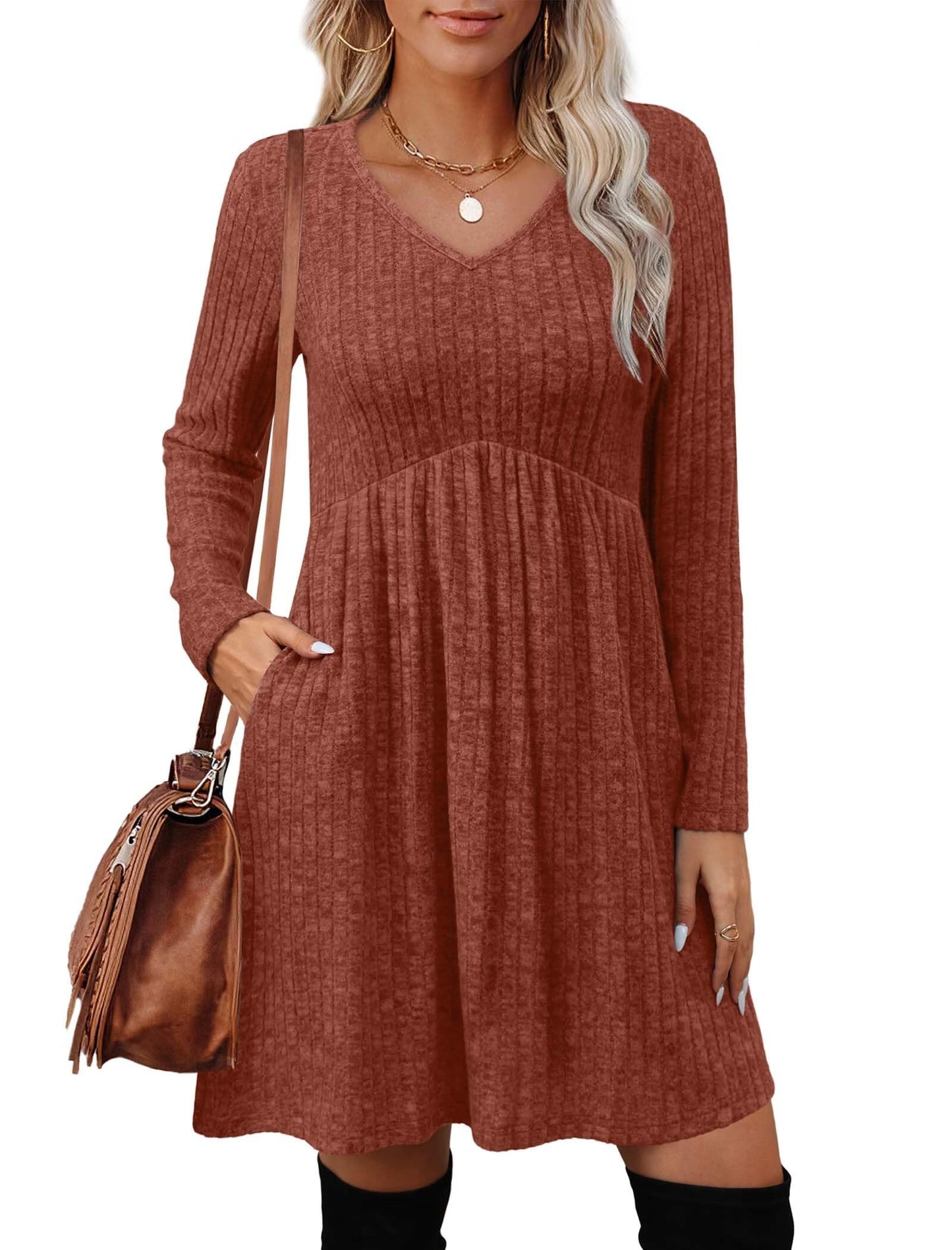 OFEEFAN Baby Doll Dresses Women V Neck Long Sleeve Homcoming Dress Winter Dresses for Women 2025 Cowboy Chic School Outfits Birthday Dress Caramel Brown L