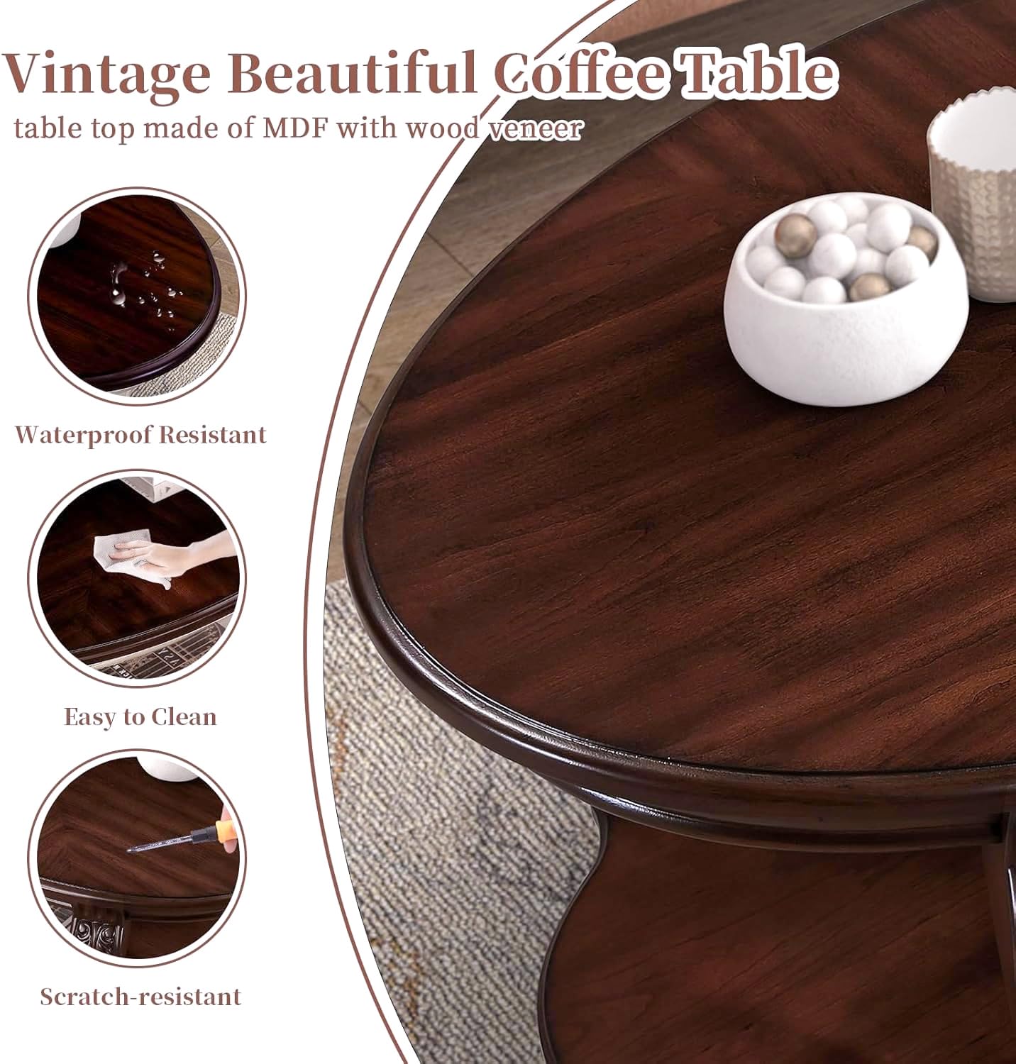 LKTART Wood Coffee Table Set with Storage Shelf Oval Coffee Tables and Round Side Table for Living Room Farmhouse, Antique Elegant Carved Legs, Easy Assembly, Cherry
