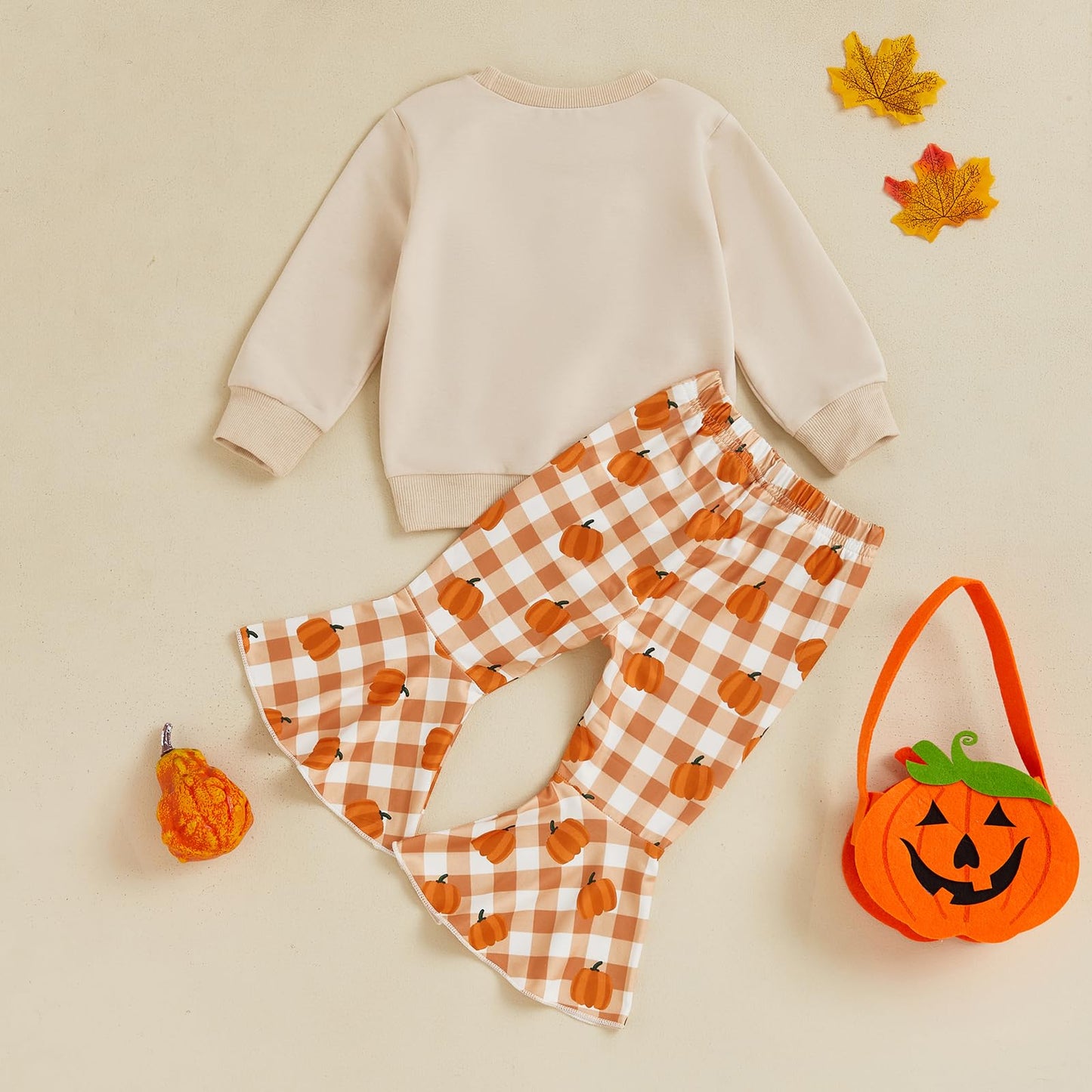 Toddler Baby Girl Halloween Outfit Fall Pullover Sweatshirt Top Flared Pants Set Cute 2 Piece Bell Bottom Outfit (Pumpkin Beige, 3-4T)