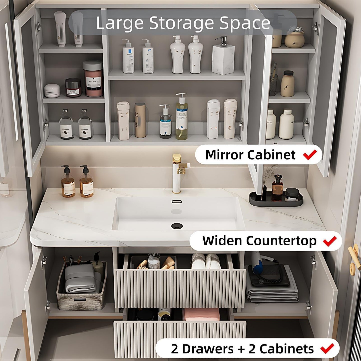 Elegant Bathroom Vanity Set, Double Basins, LED Fog Mirror, Patterned Wooden Cabinet with Rock Slab Countertop and Easy Installation,Bathroom Vanities (B Mirror Style, 64'')