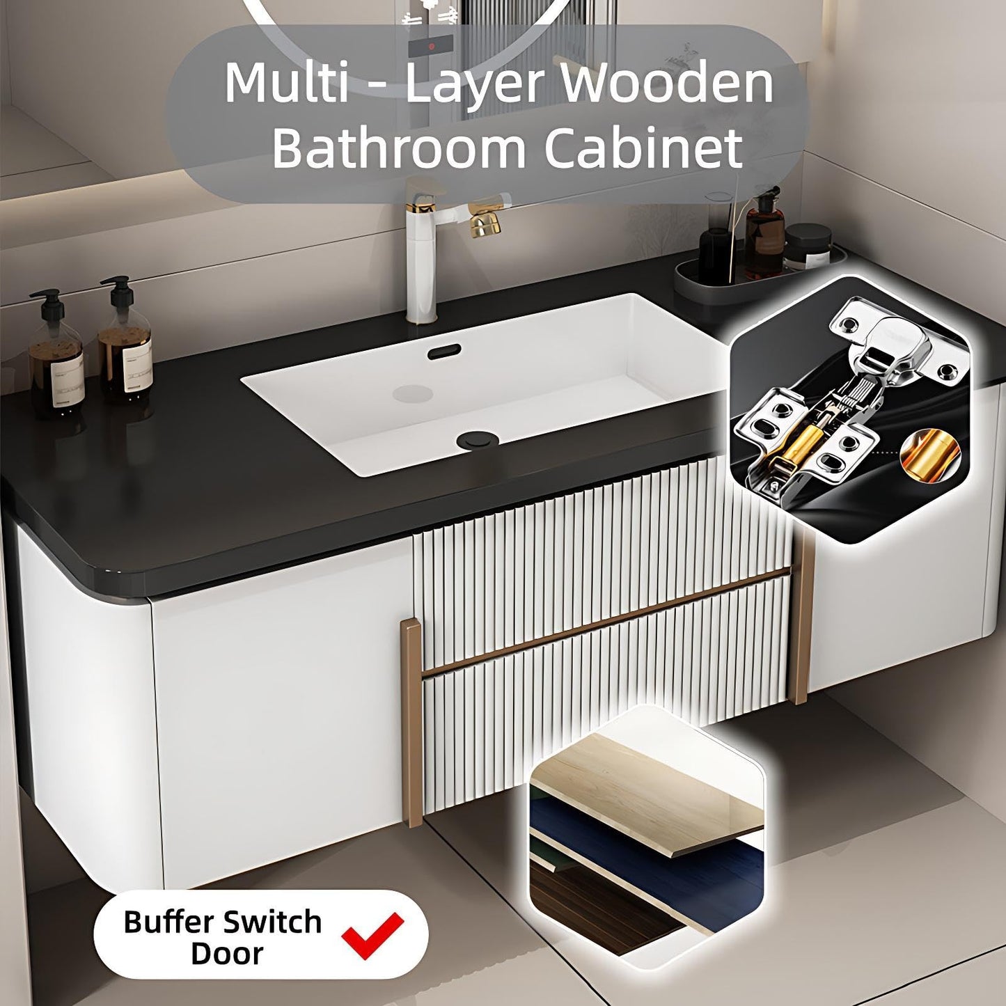 Elegant Bathroom Vanity Set, Double Basins, LED Fog Mirror, Patterned Wooden Cabinet with Rock Slab Countertop and Easy Installation,Bathroom Vanities (B Mirror Style, 64'')