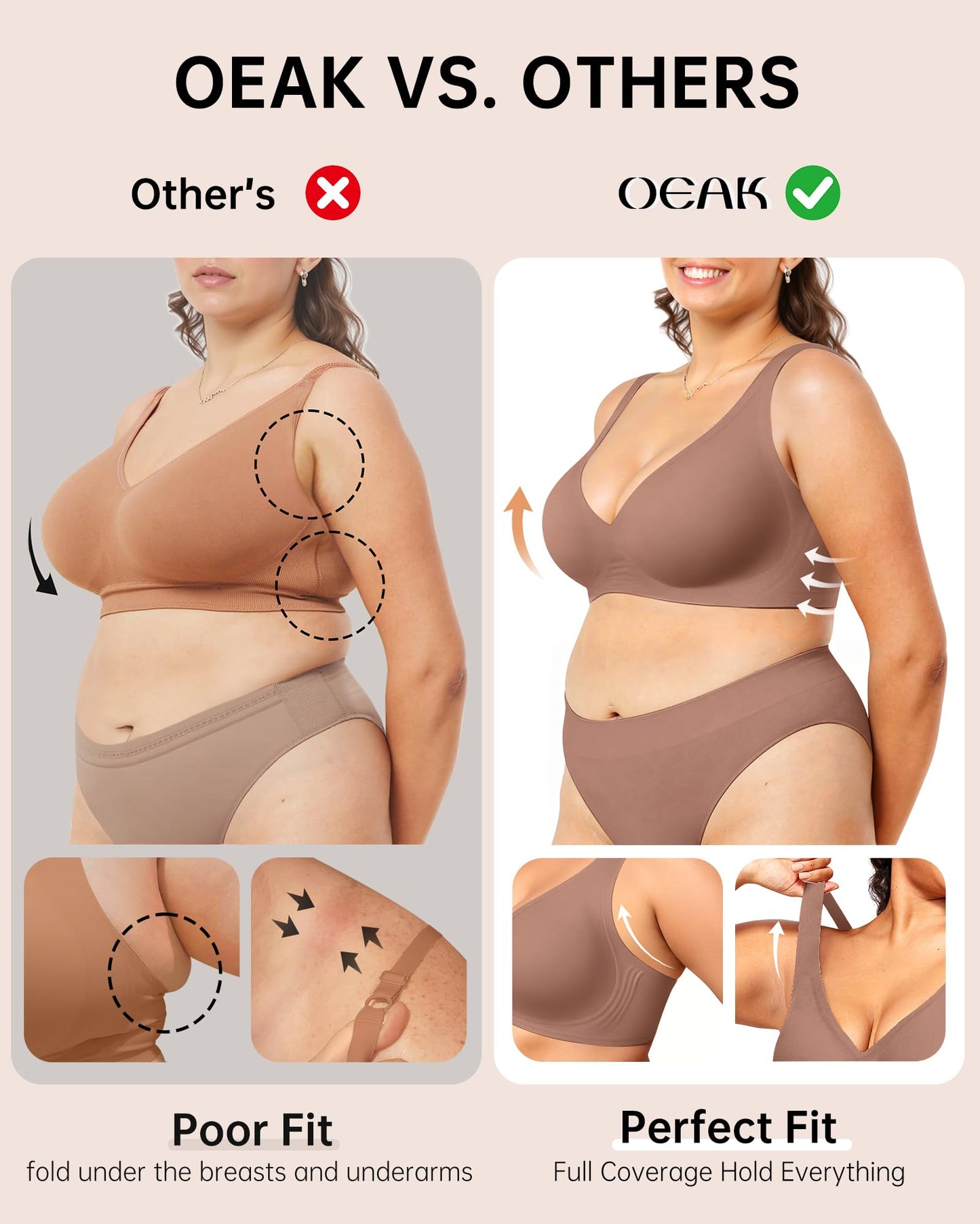 OEAK Womens Deep V Bras Wireless Comfortable Bra Supportive No Underwire Bras Tshirt Push Up Bralettes Plunge Seamless Bra Coffee XXL