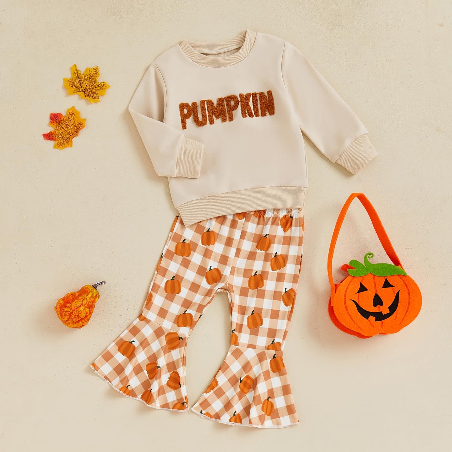 Toddler Baby Girl Halloween Outfit Fall Pullover Sweatshirt Top Flared Pants Set Cute 2 Piece Bell Bottom Outfit (Pumpkin Beige, 3-4T)