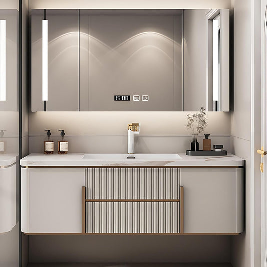 Elegant Bathroom Vanity Set, Double Basins, LED Fog Mirror, Patterned Wooden Cabinet with Rock Slab Countertop and Easy Installation,Bathroom Vanities (A Mirror Cabinet Style, 68'')