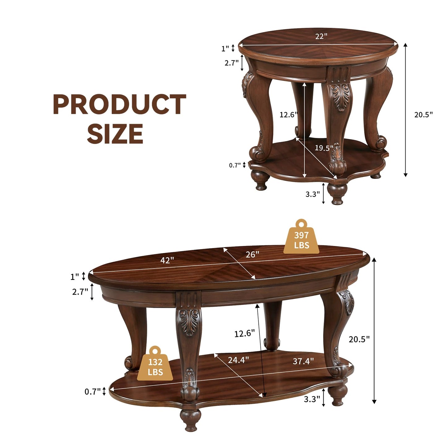 LKTART Wood Coffee Table Set with Storage Shelf Oval Coffee Tables and Round Side Table for Living Room Farmhouse, Antique Elegant Carved Legs, Easy Assembly, Cherry