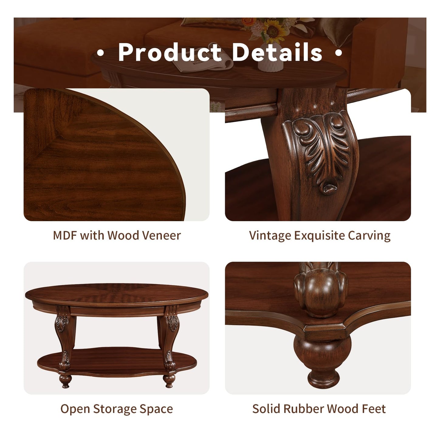LKTART Wood Coffee Table Set with Storage Shelf Oval Coffee Tables and Round Side Table for Living Room Farmhouse, Antique Elegant Carved Legs, Easy Assembly, Cherry