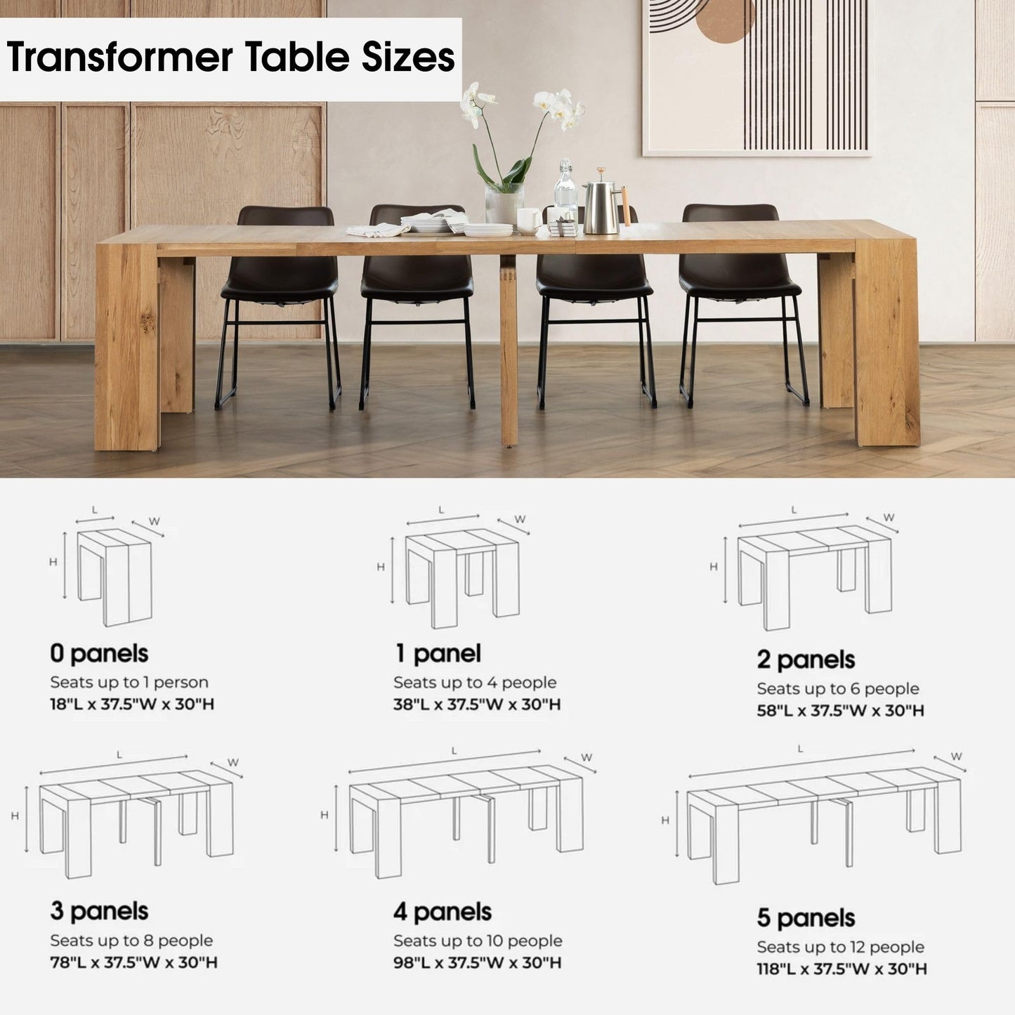 Transformer Table - Solid Wood Extendable Dining Table, Seats 2-12, Extendable Dining Room Table, Space-Saving Furniture, Expandable Dining Furniture, Natural (Table Only)