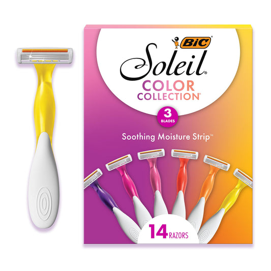 BIC Soleil 3 Colors Women's Disposable Razors With Aloe Vera and Vitamin E Lubricating Strip for Enhanced Glide, With 3 Blades, 14 Count