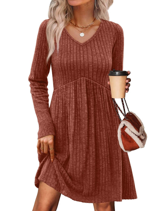 OFEEFAN Baby Doll Dresses Women V Neck Long Sleeve Homcoming Dress Winter Dresses for Women 2025 Cowboy Chic School Outfits Birthday Dress Caramel Brown L