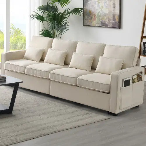 104" Modern 4-Seater Linen Fabric Sofa with Storage Pockets & Pillows – Minimalist Couch for Living Room, Apartment, Office – Beige