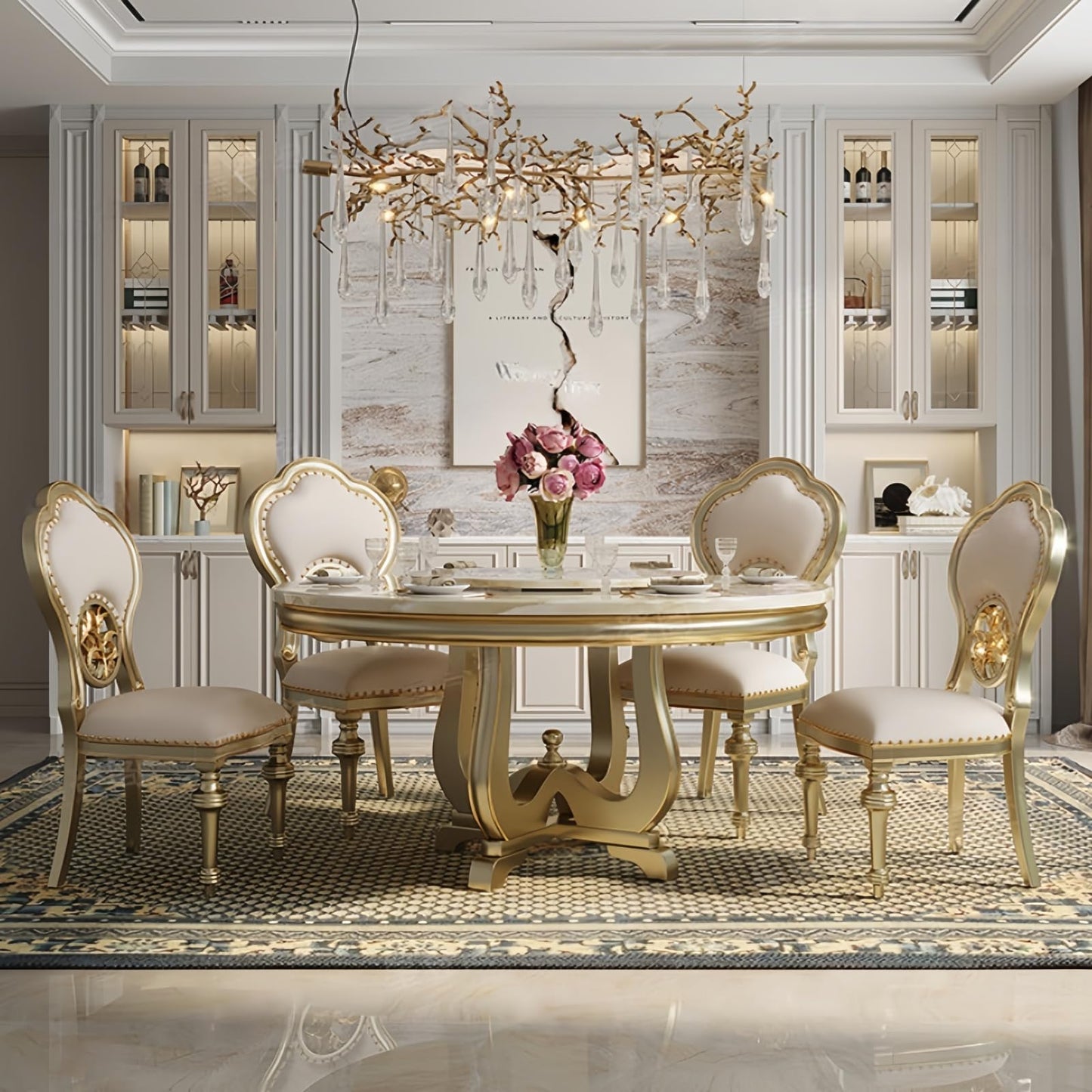 Edeyeu 51" Dining Table Set - Marble Style Solid Wood Kitchen Table and Chairs with Rotating Tray, Luxury Dining Room Set for 4 or 6, Easy Assembly Dining Furniture for Home & Family Use Four-Seater