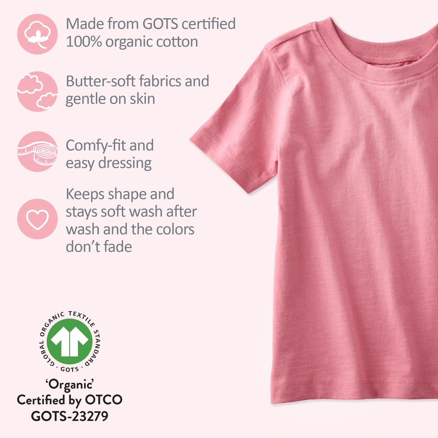 Butterblu Taylor 5-Pack Short Sleeve T-Shirts, 50% Organic Cotton Tees Pink
