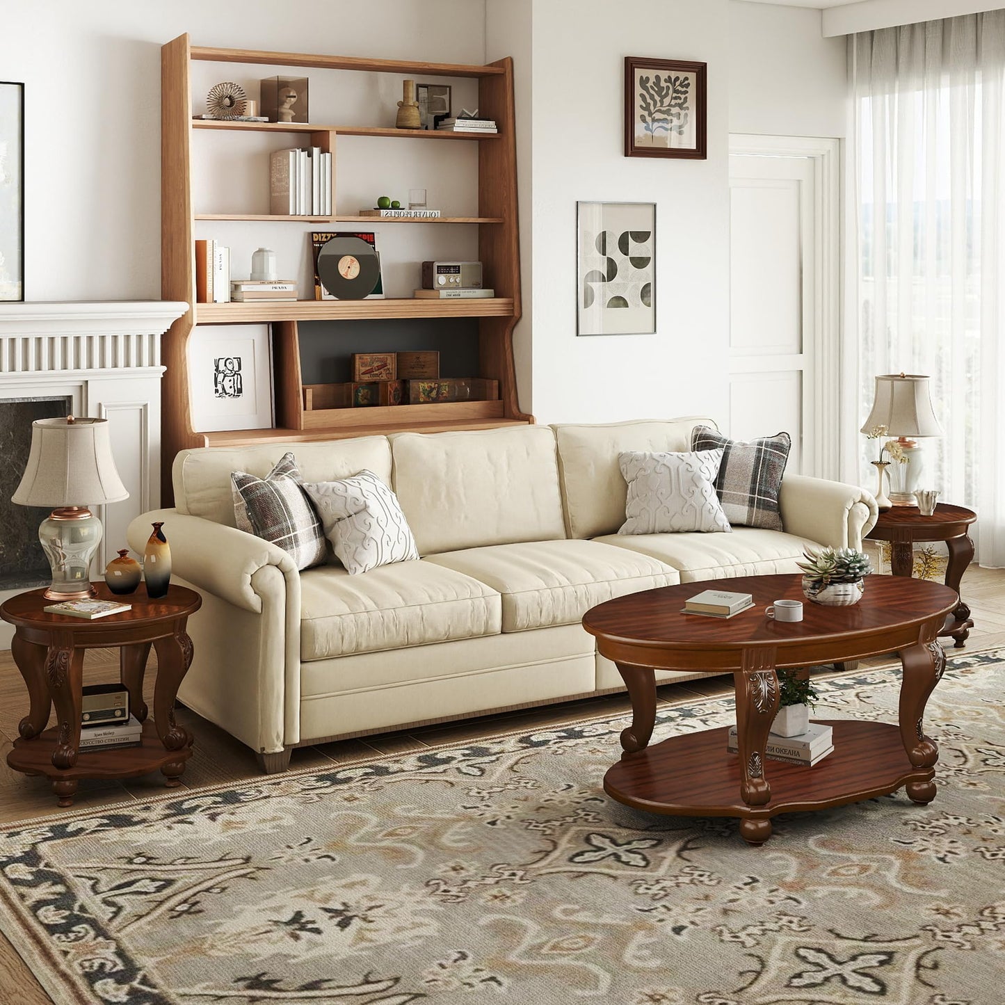 LKTART Wood Coffee Table Set with Storage Shelf Oval Coffee Tables and Round Side Table for Living Room Farmhouse, Antique Elegant Carved Legs, Easy Assembly, Cherry