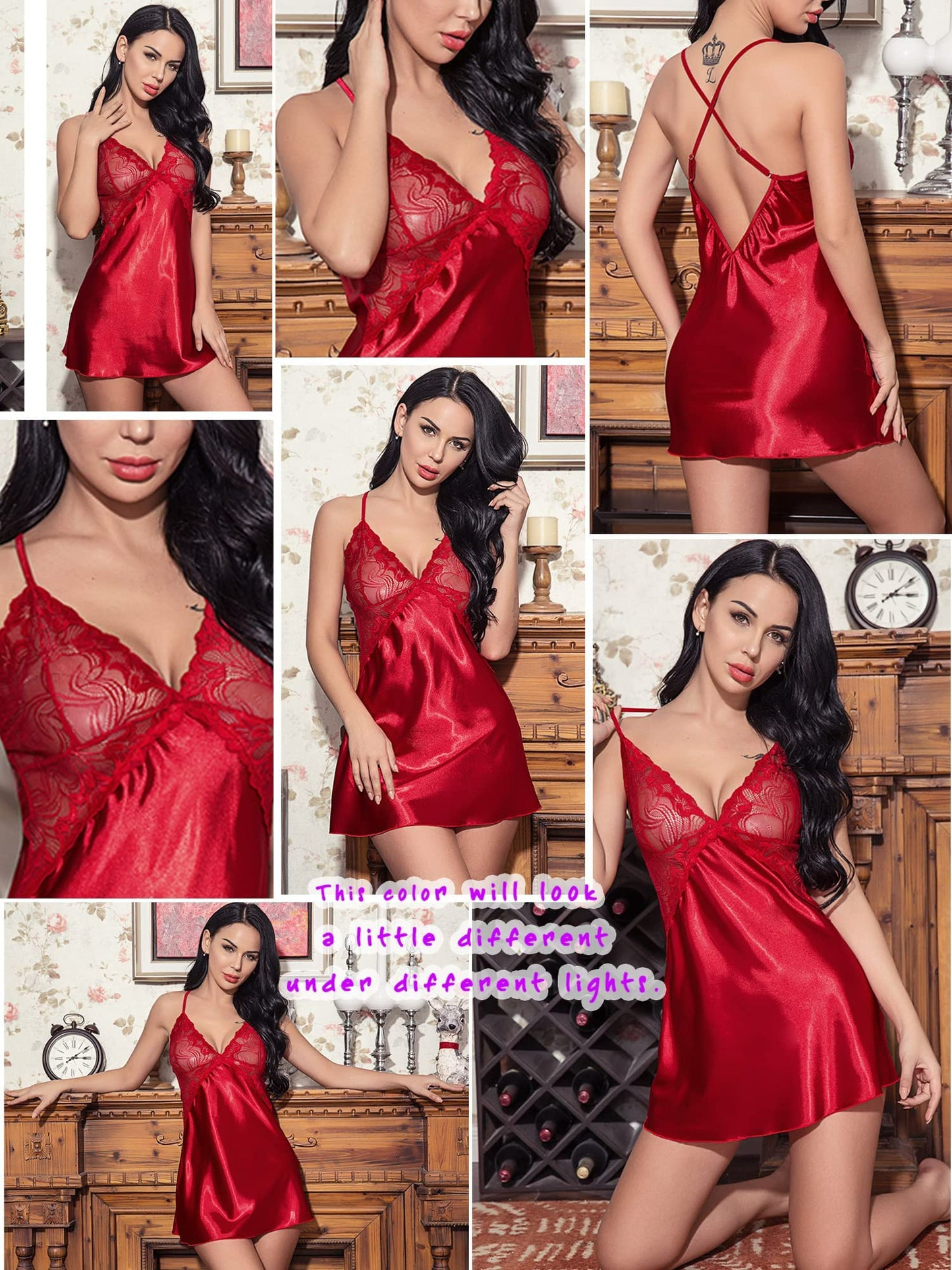 Avidlove Valentine's Day Lingerie for Women Nightgown Sleepwear Satin Pajamas Sexy Babydoll V Neck Teddy Strap Chemise M, Red