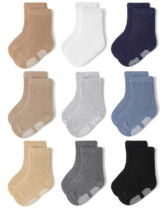 Baby Toddler Crew Socks, Non Slip Sole Combed Cotton for Boy Girl 9 Pairs